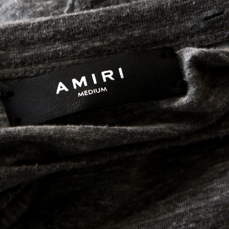Pre Owned Amiri Grey Logo Print Distressed Cotton T-Shirt M