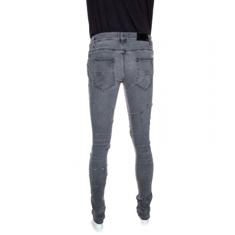 Pre Owned Amiri Grey Washed Denim Distressed Skinny Jeans M