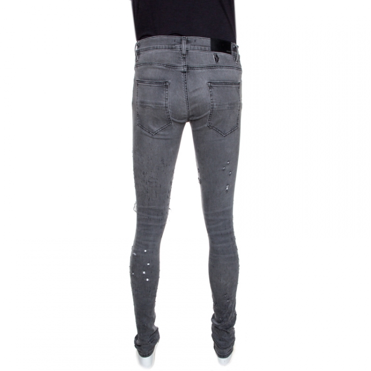 Pre Owned Amiri Grey Light Washed Denim Distressed Jeans M