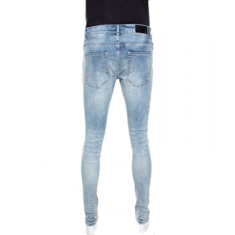 Pre Owned Amiri Blue Medium Washed Distressed Denim Bandana Patch Jeans M