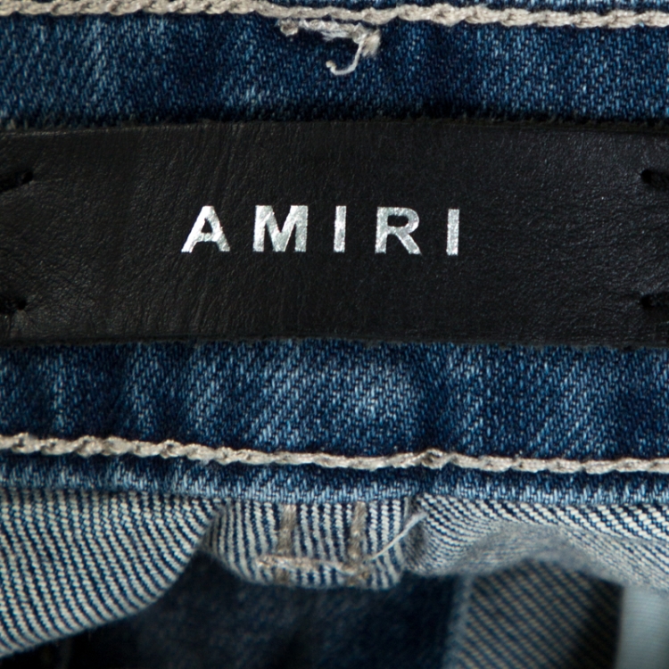 Pre Owned Amiri Blue Medium Washed Distressed Denim Bandana Patch Jeans M
