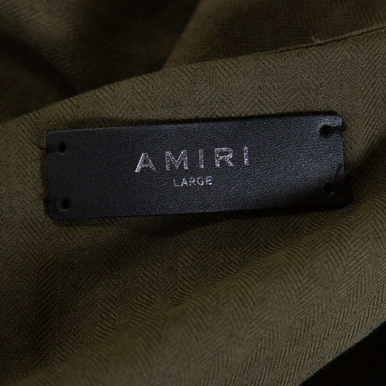 Pre Owned Amiri Khaki Distressed Cashmere Blend Patchwork Boy Scout Shirt L