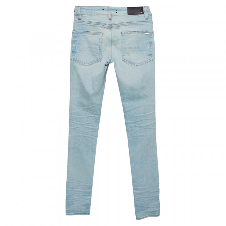 Pre Owned Amiri Blue Denim Contrast Patch Detail Distressed Skinny Jeans XS