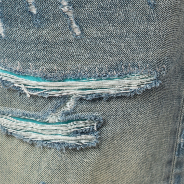 Pre Owned Amiri Light Blue Faded Distressed Denim Patched Shorts M Waist 32"