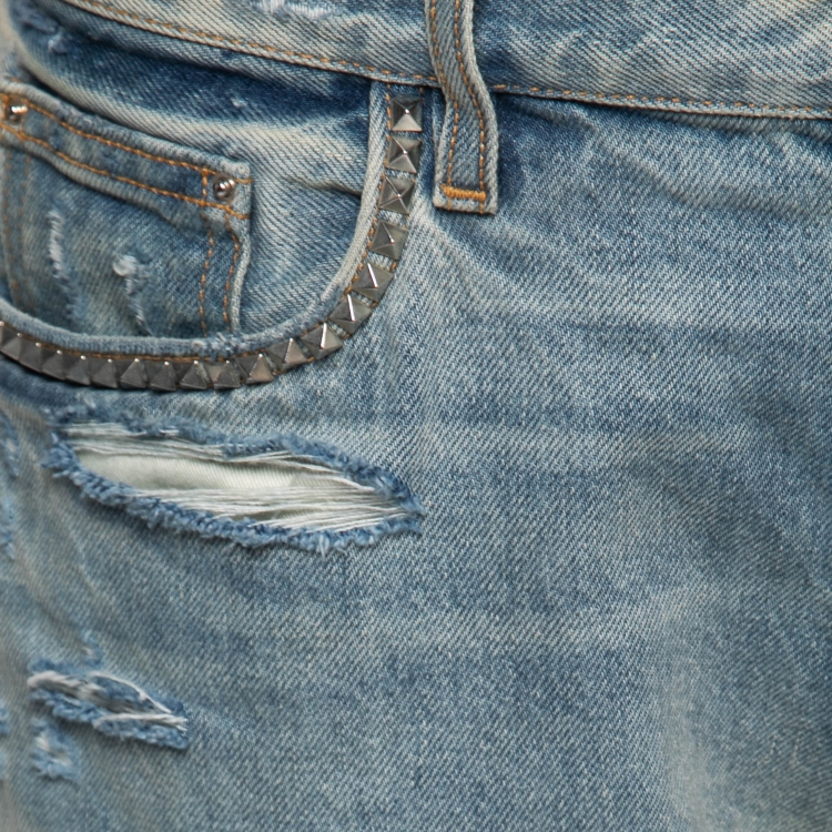 Pre Owned Amiri Light Blue Faded Distressed Denim Patched Shorts M Waist 32"