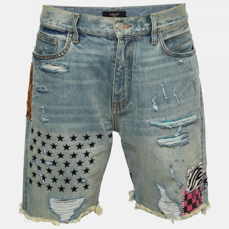 Pre Owned Amiri Light Blue Faded Distressed Denim Patched Shorts M Waist 32"