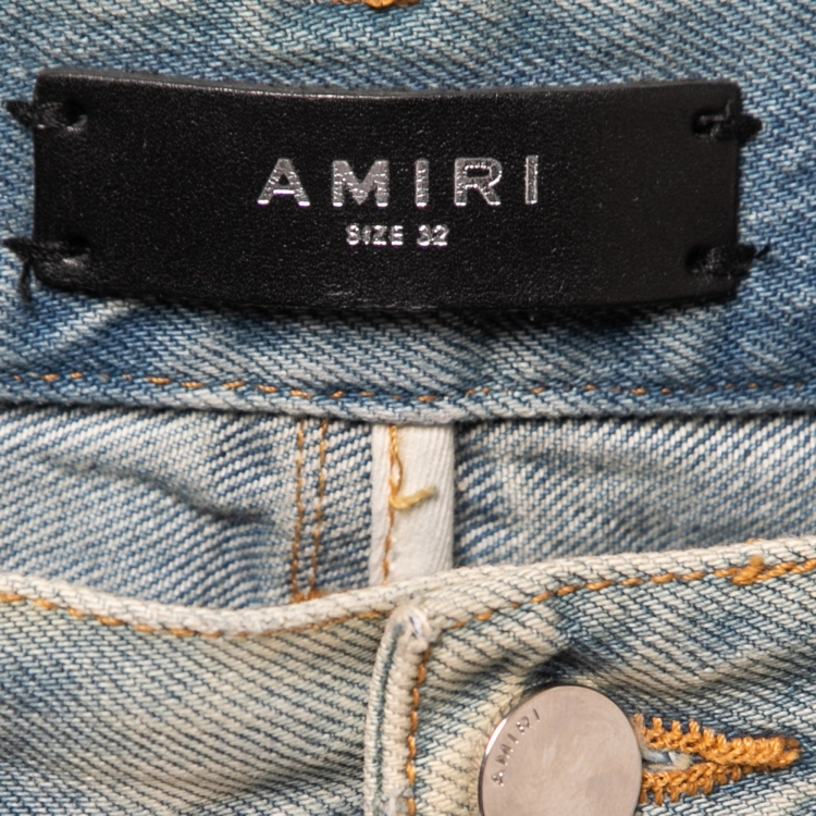 Pre Owned Amiri Light Blue Faded Distressed Denim Patched Shorts M Waist 32"