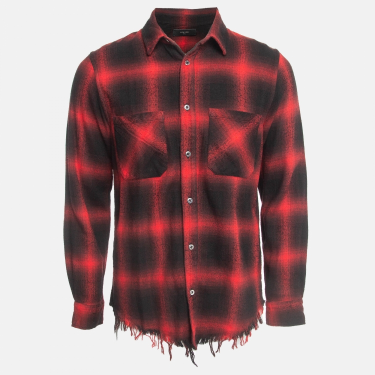 Amiri Red/Black Flannel Check Cotton Raw Edge Detail Shirt S