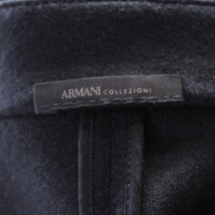 Pre Owned Armani Collezioni Navy Blue Wool Leather Front Panel Detail Zip Front Jacket XXL