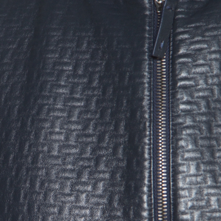 Pre Owned Armani Collezioni Navy Blue Wool Leather Front Panel Detail Zip Front Jacket XXL