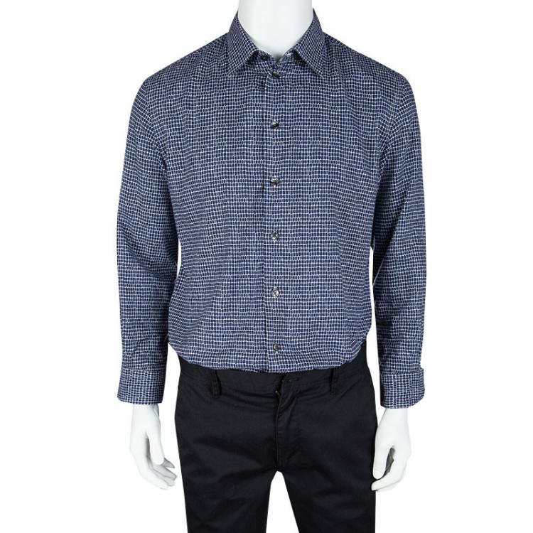 Pre Owned Armani Collezioni Blue and White Printed Long Sleeve Button Front Shirt L