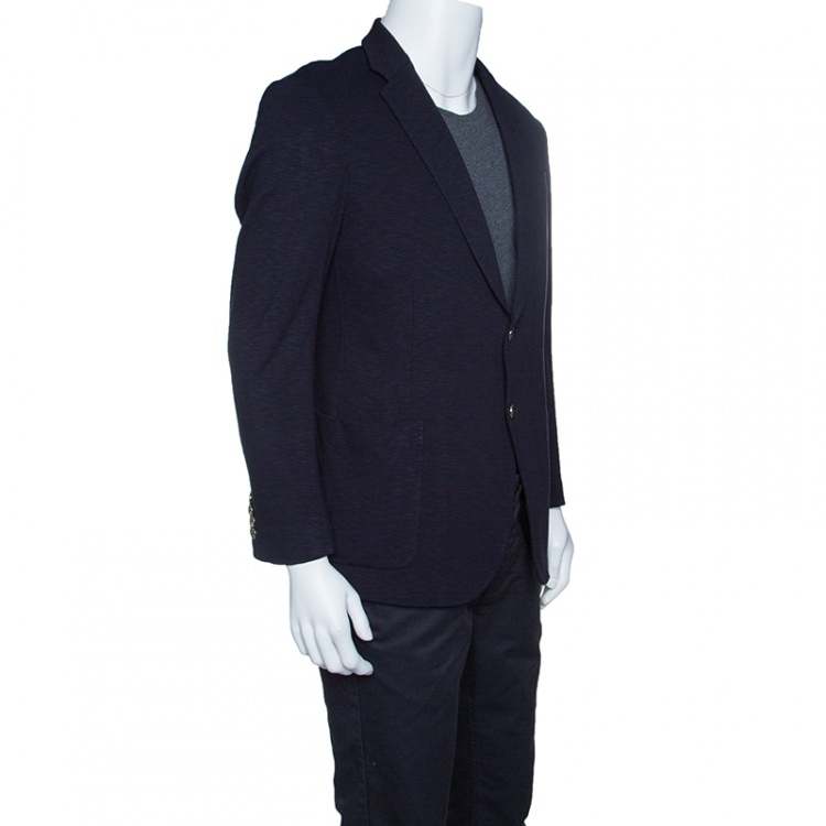Pre Owned Armani Collezioni Navy Blue Knit Two Button Tailored Blazer L