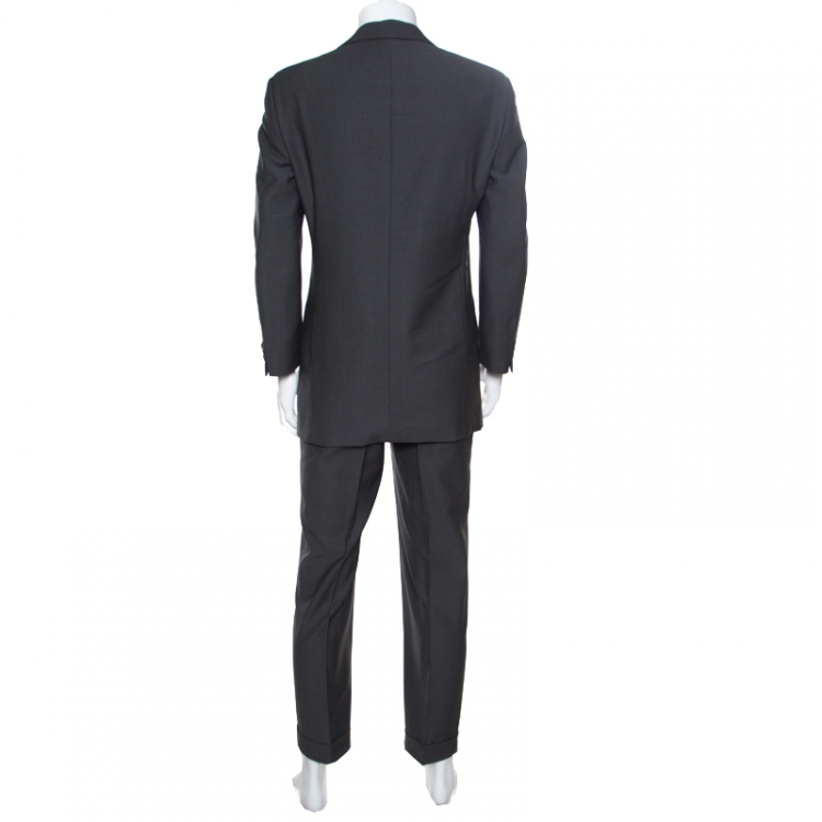 Pre Owned Armani Collezioni Grey Herringbone Weave Wool Tailored Suit S