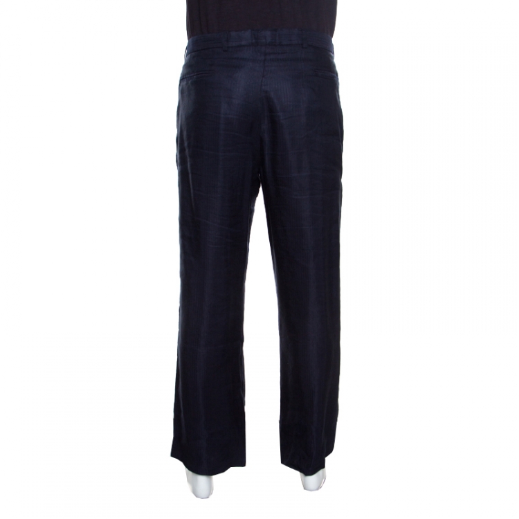 Pre Owned Armani Collezioni Navy Blue Linen Blend Wide Leg Trousers L 