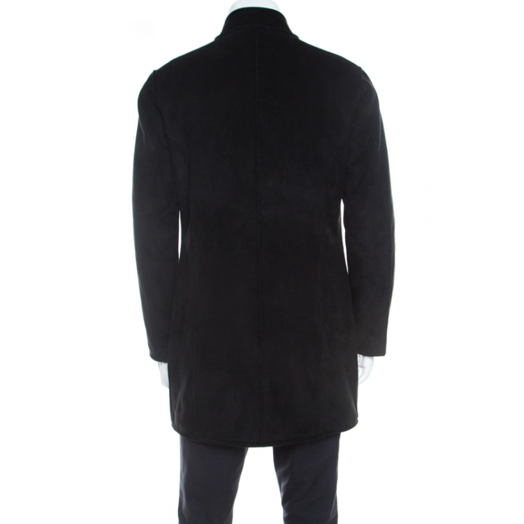 Pre Owned Armani Collezioni Black Faux Suede Faux Fur Lined Overcoat L 