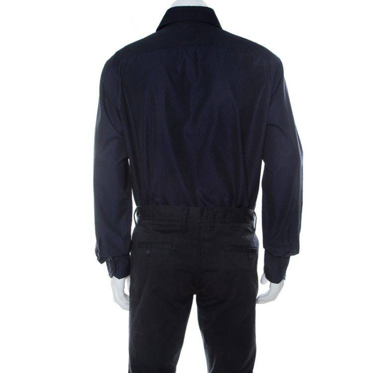 Pre Owned Armani Collezioni Navy Blue Striped Cotton Shirt XXL
