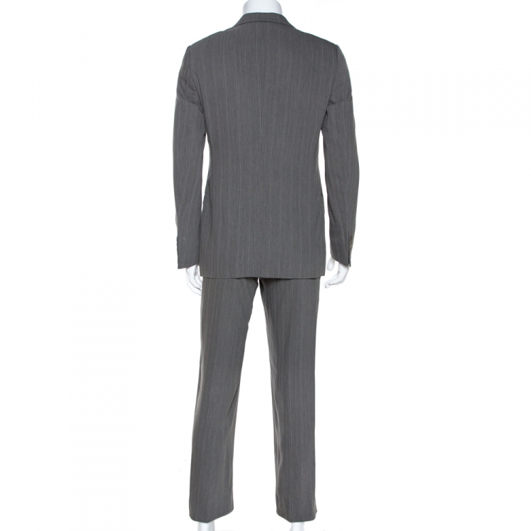 Pre Owned Armani Collezioni Grey Herringbone Wool Blend Tailored Suit M