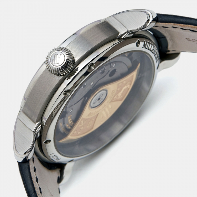 Pre Owned Audemars Piguet Black Anthracite Skeleton Stainless Steel Alligator Millenary 4101 15350ST.OO.D002CR.01 Men's Wristwatch 47 mm