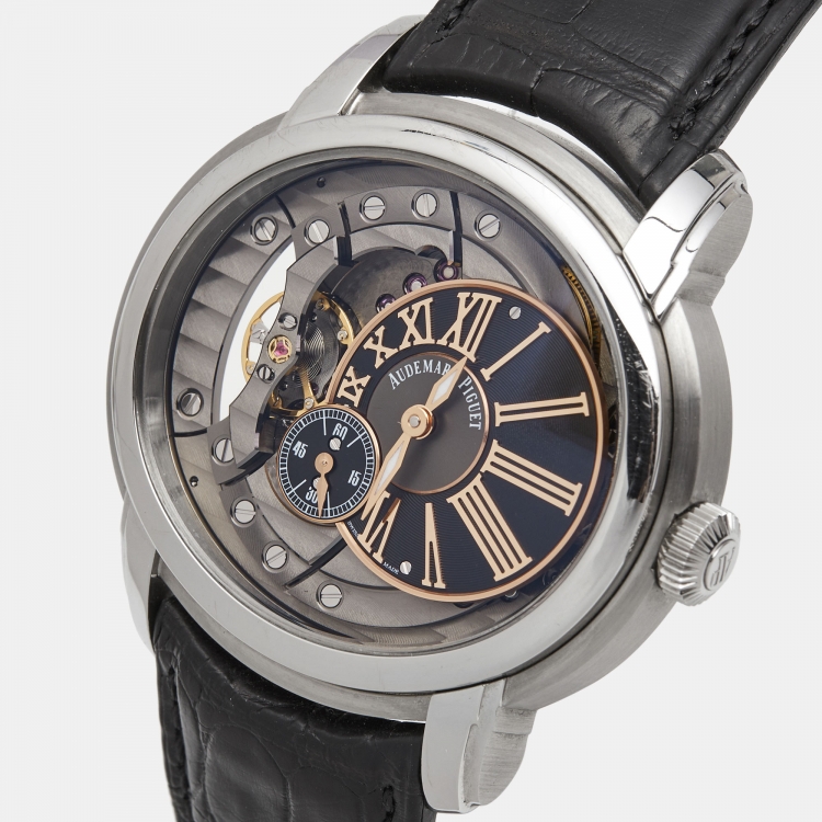 Pre Owned Audemars Piguet Black Anthracite Skeleton Stainless Steel Alligator Millenary 4101 15350ST.OO.D002CR.01 Men's Wristwatch 47 mm