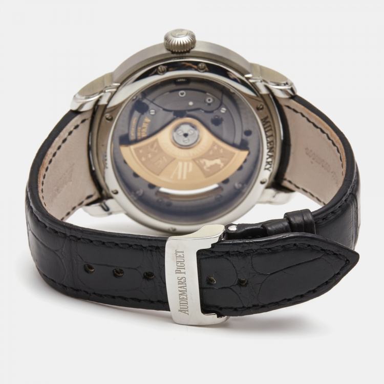 Pre Owned Audemars Piguet Black Anthracite Skeleton Stainless Steel Alligator Millenary 4101 15350ST.OO.D002CR.01 Men's Wristwatch 47 mm
