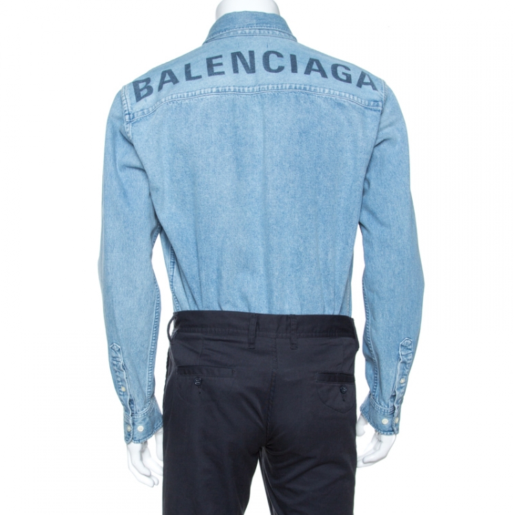 Pre Owned Balenciaga Blue Logo Print Denim Button Down Long Fit Shirt S