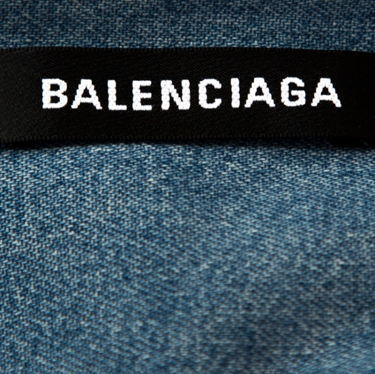 Pre Owned Balenciaga Blue Logo Print Denim Button Down Long Fit Shirt S