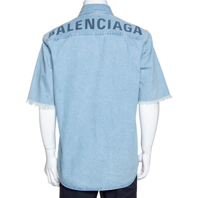 Pre Owned Balenciaga Blue Denim Raw Edge Detail Short Sleeve Oversized Shirt S 