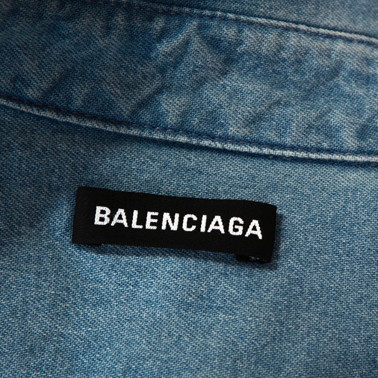 Pre Owned Balenciaga Blue Denim Raw Edge Detail Short Sleeve Oversized Shirt S 
