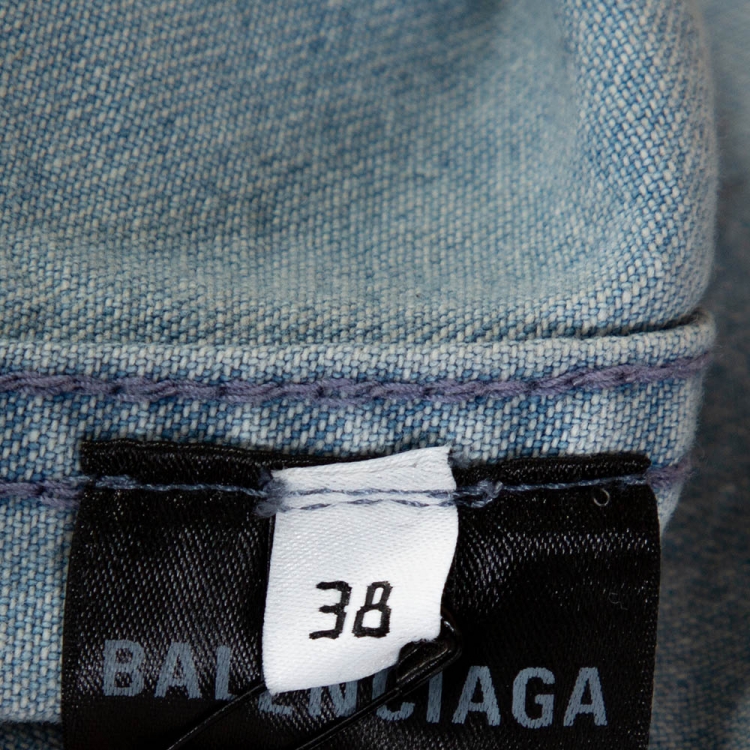 Pre Owned Balenciaga Blue Denim Raw Edge Detail Short Sleeve Oversized Shirt S 