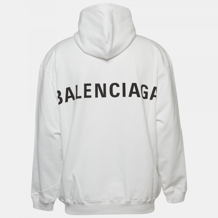 Pre Owned Balenciaga White Logo Print Cotton Hooded Sweatshirt XS