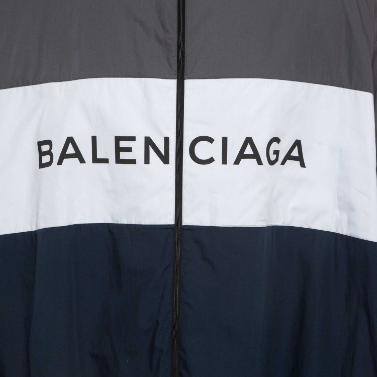 Pre Owned Balenciaga Multicolor Logo Print Cotton Poplin Oversized Zipper Jacket M