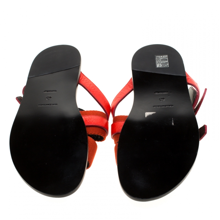 Pre Owned Balenciaga Red Leather And Canvas Flat Sandals Size 43