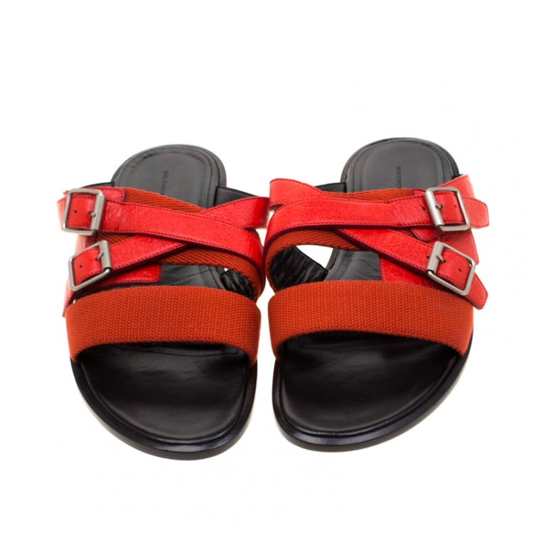 Pre Owned Balenciaga Red Leather And Canvas Flat Sandals Size 43