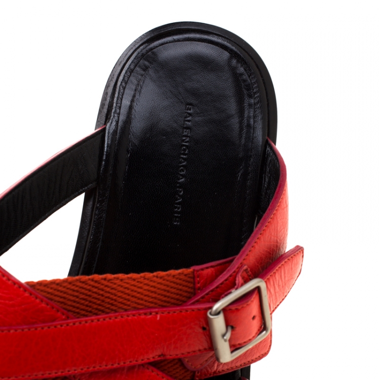 Pre Owned Balenciaga Red Leather And Canvas Flat Sandals Size 43