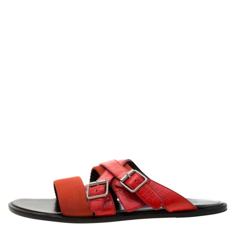 Pre Owned Balenciaga Red Leather And Canvas Flat Sandals Size 43