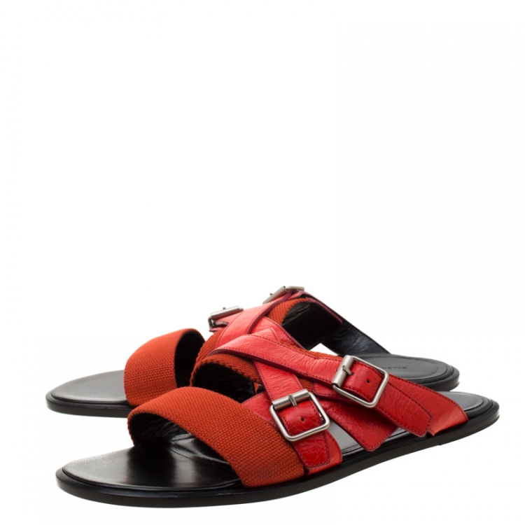 Pre Owned Balenciaga Red Leather And Canvas Flat Sandals Size 43