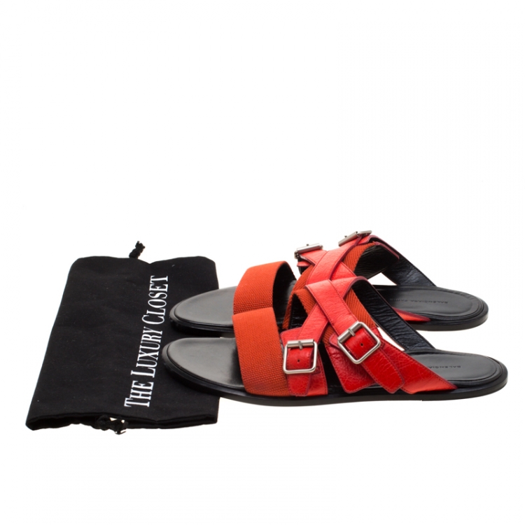 Pre Owned Balenciaga Red Leather And Canvas Flat Sandals Size 43