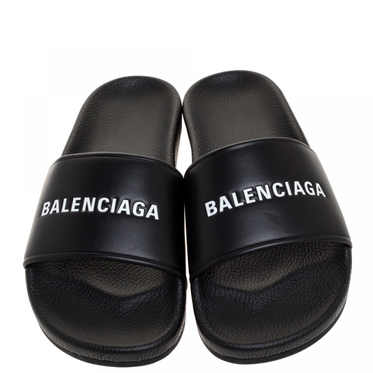 Pre Owned Balenciaga Black Leather Pool Flat Slides Size 42 