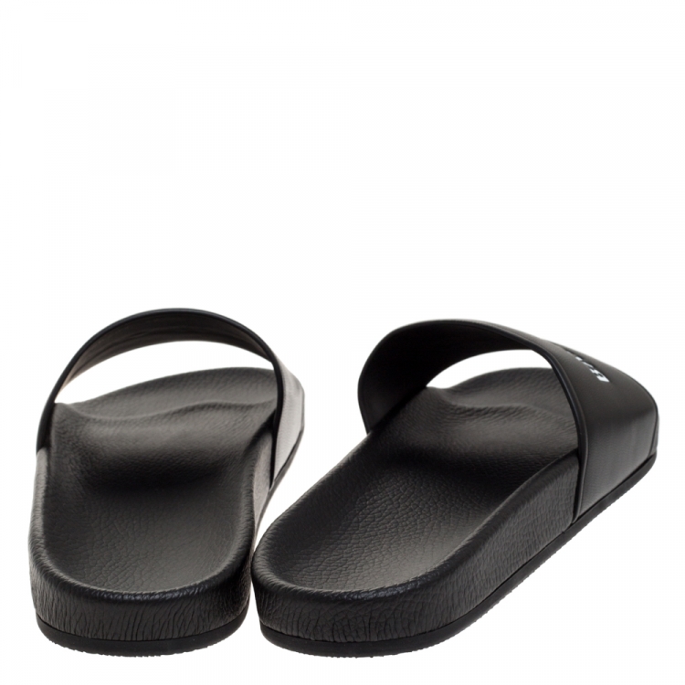 Pre Owned Balenciaga Black Leather Pool Flat Slides Size 42 