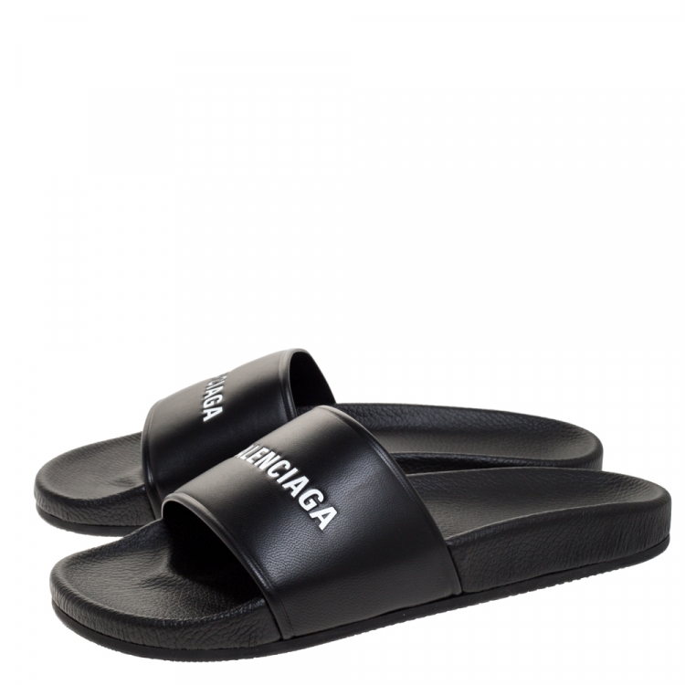 Pre Owned Balenciaga Black Leather Pool Flat Slides Size 42 