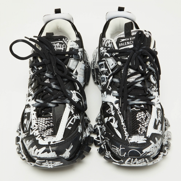 Pre Owned Balenciaga Black Graffiti Mesh and Faux Leather Track Sneakers Size 45