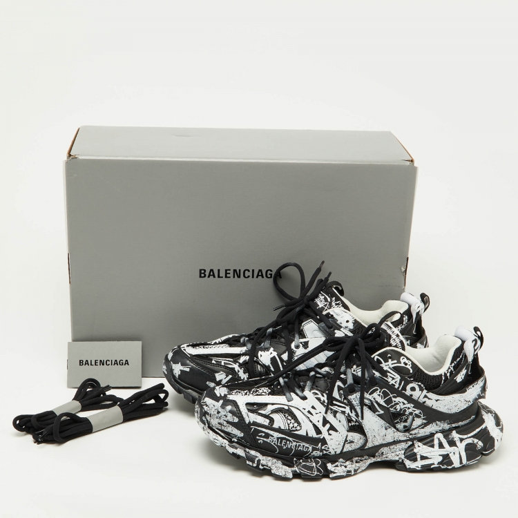 Pre Owned Balenciaga Black Graffiti Mesh and Faux Leather Track Sneakers Size 45