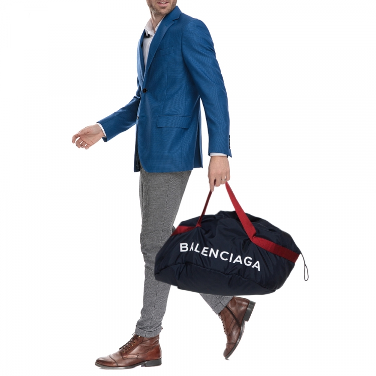 Balenciaga Blue/Red Nylon Small Wheel Logo Weekender Bag |