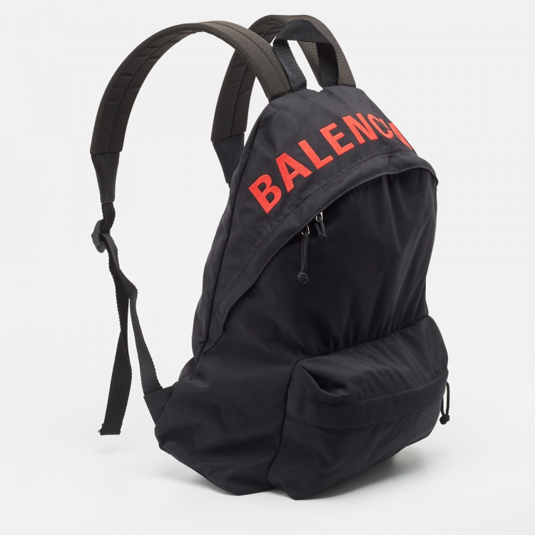 Pre Owned Balenciaga Black Nylon Logo Embroidered Wheel Backpack