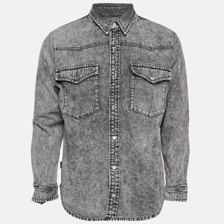 Pre Owned Balenciaga Grey Washed Denim Ripped Cuff Shirt L