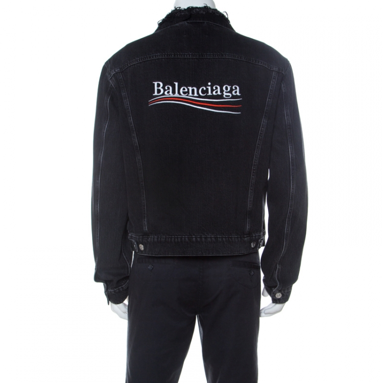 Pre Owned Balenciaga Black Denim Logo Embroidered Frayed Collar Jacket L 