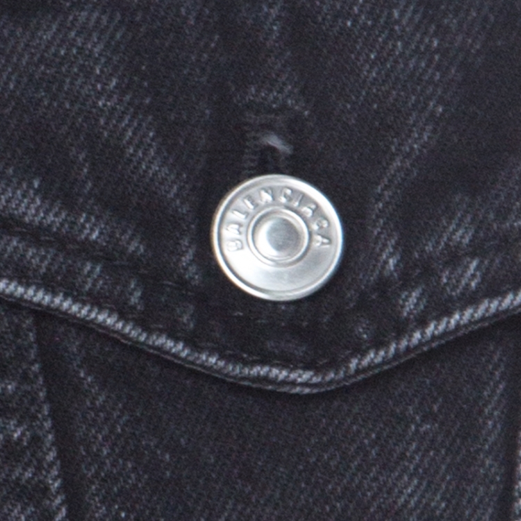 Pre Owned Balenciaga Black Denim Logo Embroidered Frayed Collar Jacket L 