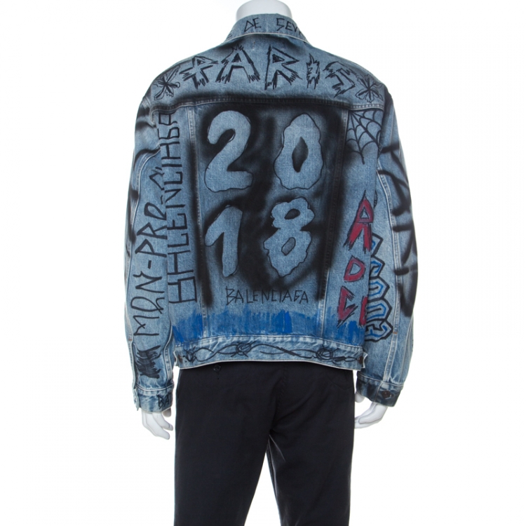Pre Owned Balenciaga Indigo Seasonal Graffiti Print Oversized Denim Jacket S