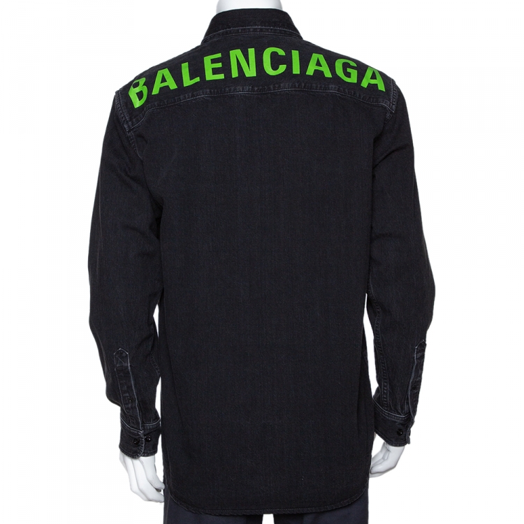 Pre Owned Balenciaga Black Rear Logo Print Denim Long Sleeve Oversized Shirt S