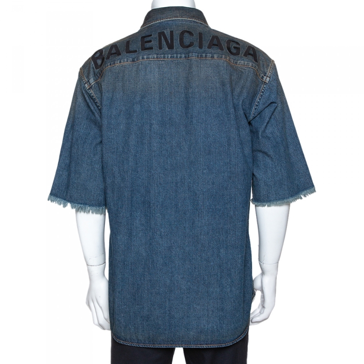 Pre Owned Balenciaga Indigo Logo Embroidered Rustic Denim Short Sleeve Shirt M